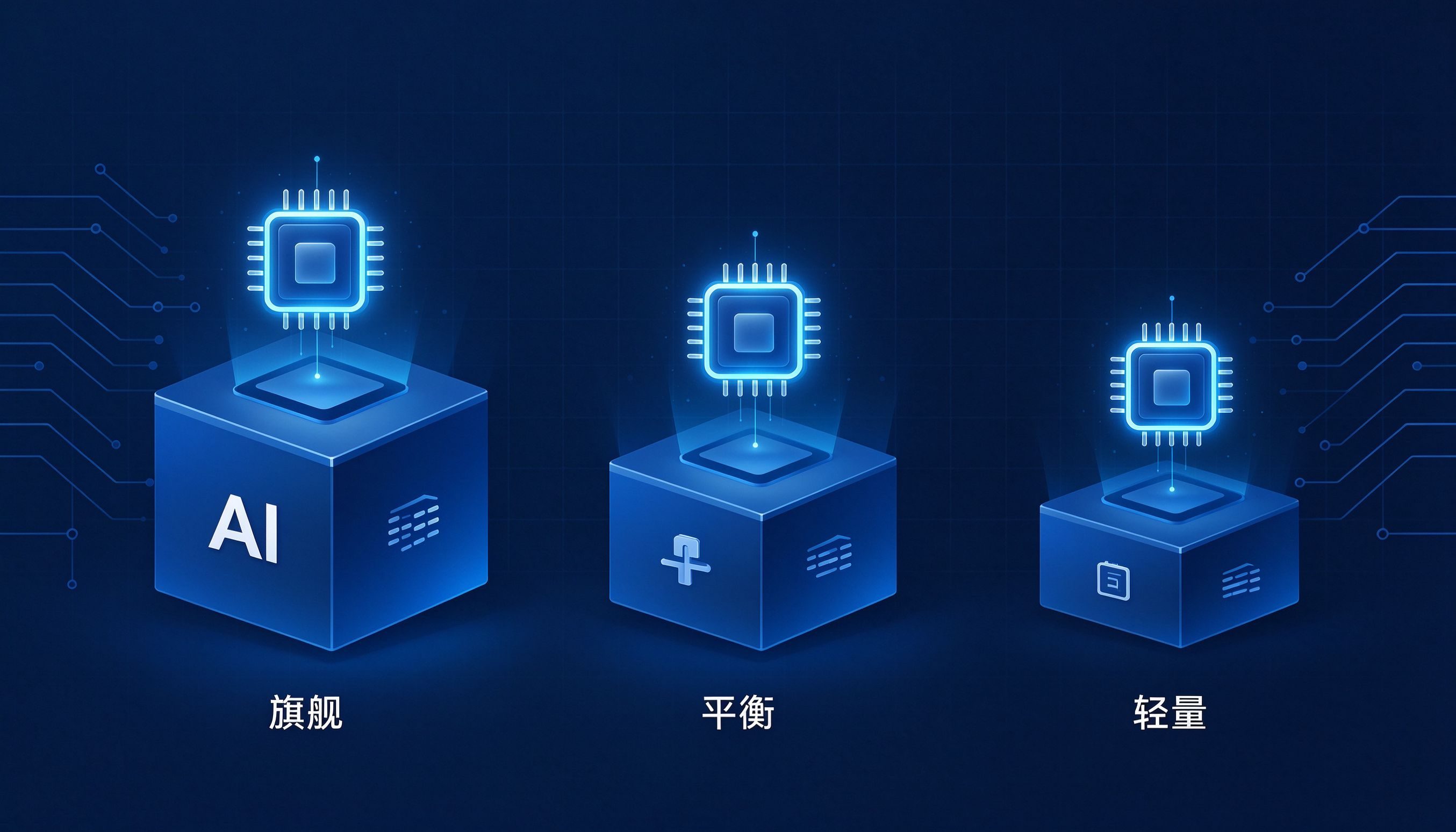 AI大模型三个版本对比示意图：旗舰、平衡、轻量三个立方体