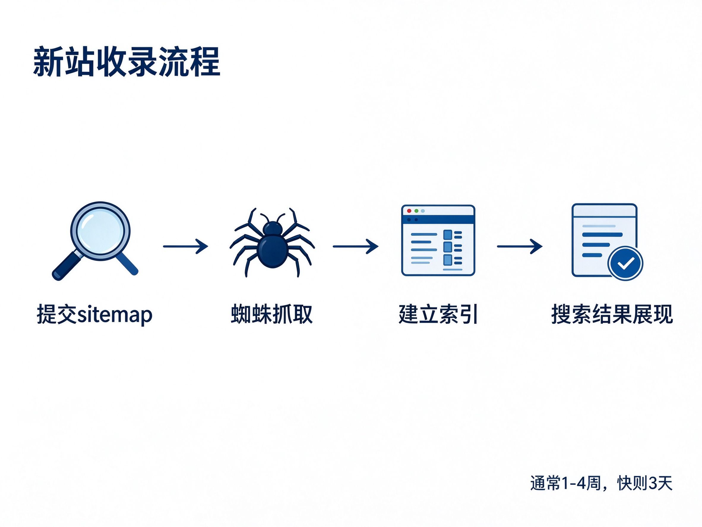新站收录流程：提交sitemap、蜘蛛抓取、建立索引、搜索展现